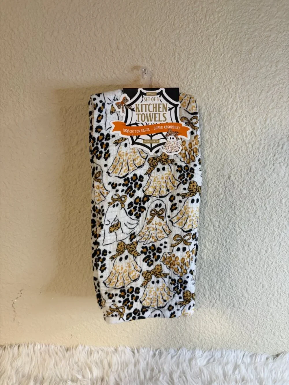 Halloween Leopard Ghost Bow Kitchen Towels Set of 3 18x28 Cotton Gauze NWT